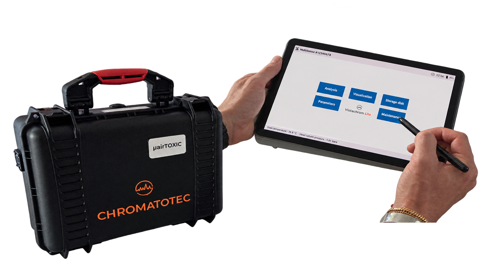 µ-airTOXIC portable analyzer with hands operating the control tablet